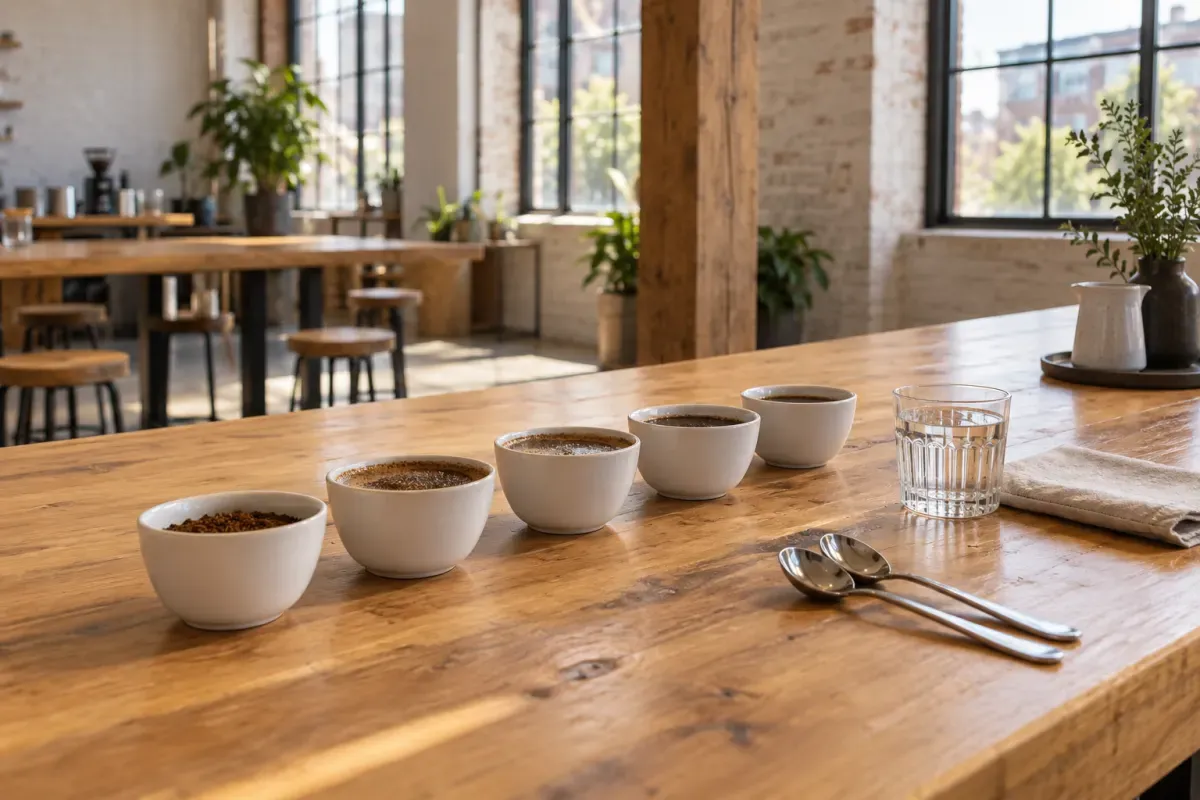 Cups and tasting notes prepared for a coffee comparison.