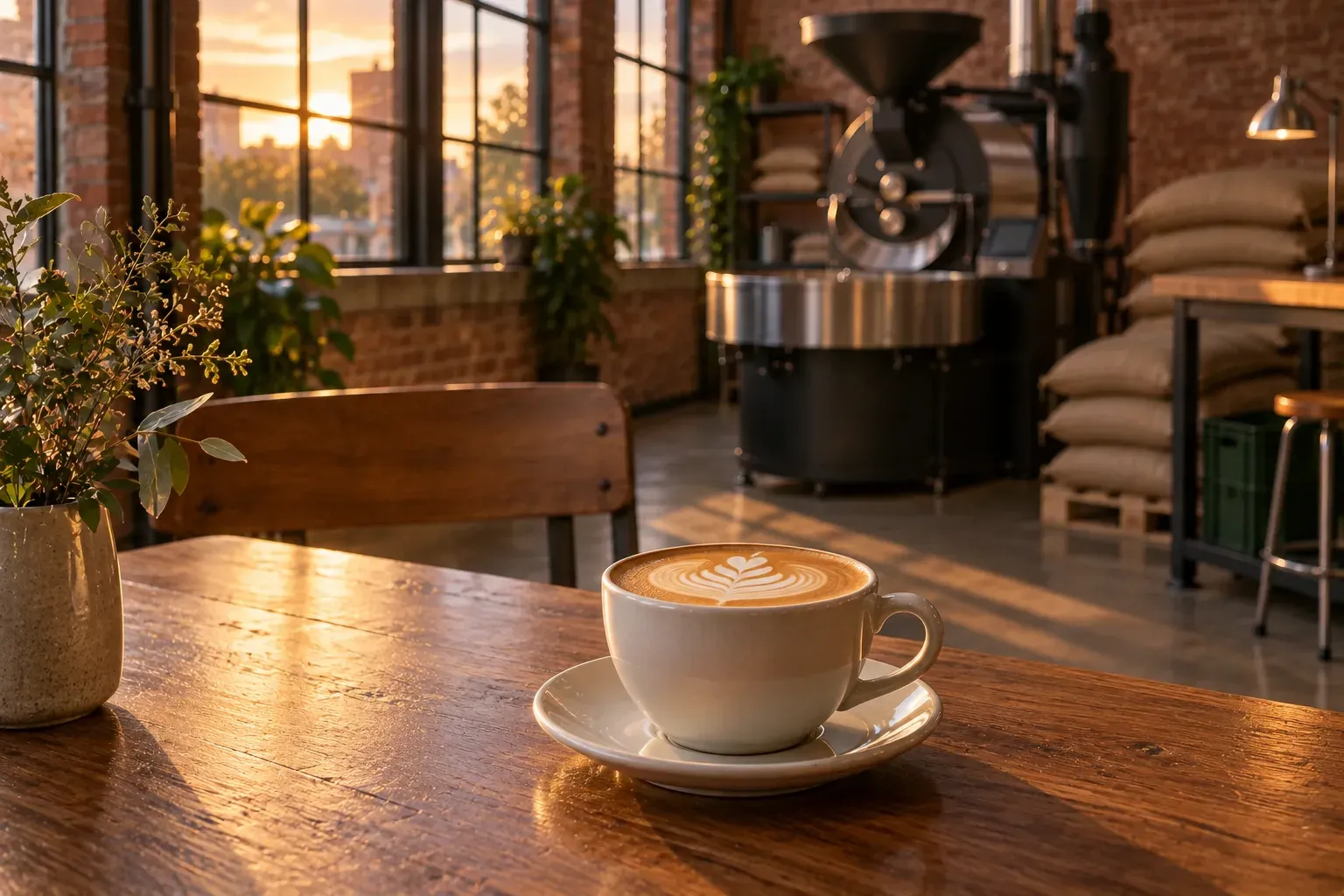A flat white rests in a plain cup on a cafe table in evening light.