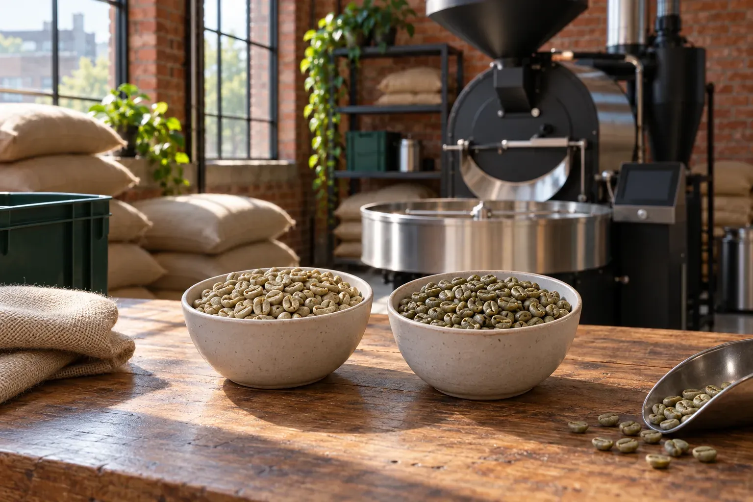Two bowls hold pale and darker olive unroasted coffee beans.