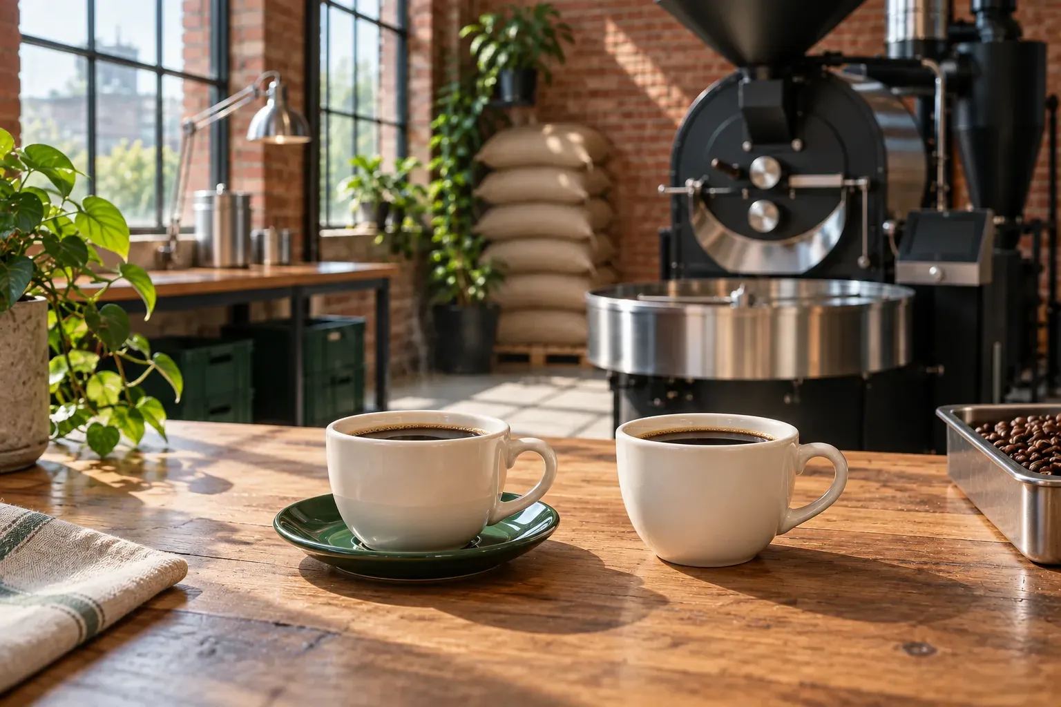 Two matching cups of black coffee sit on timber, one on a green saucer.