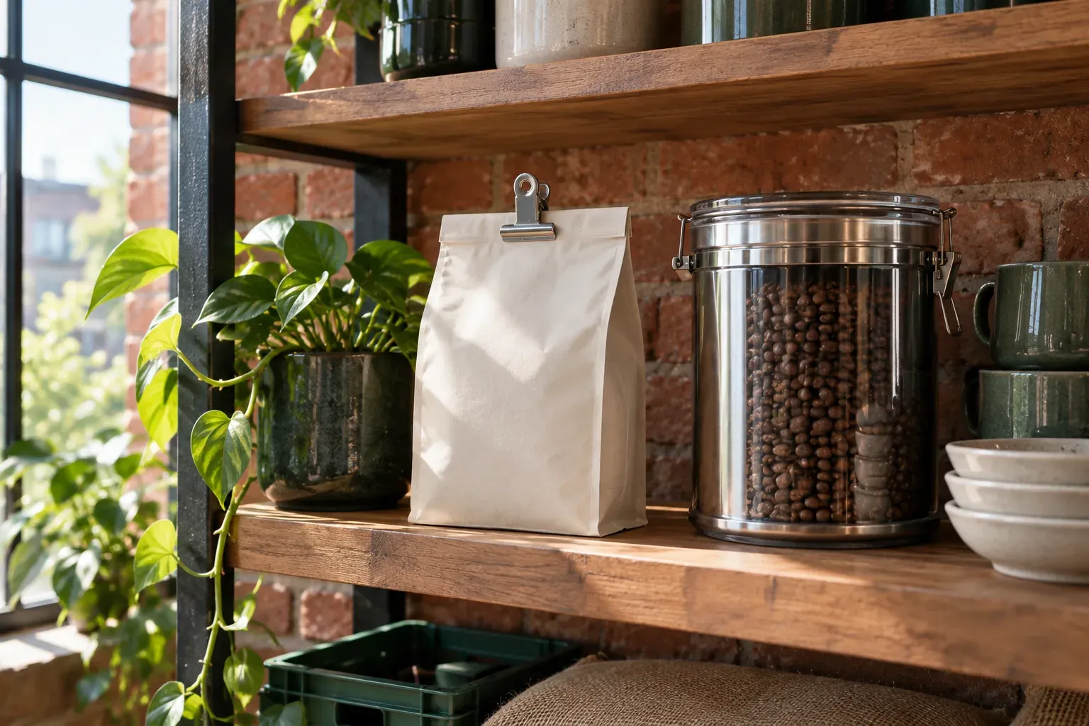 A clipped blank coffee bag stands beside a sealed bean canister on a shelf.