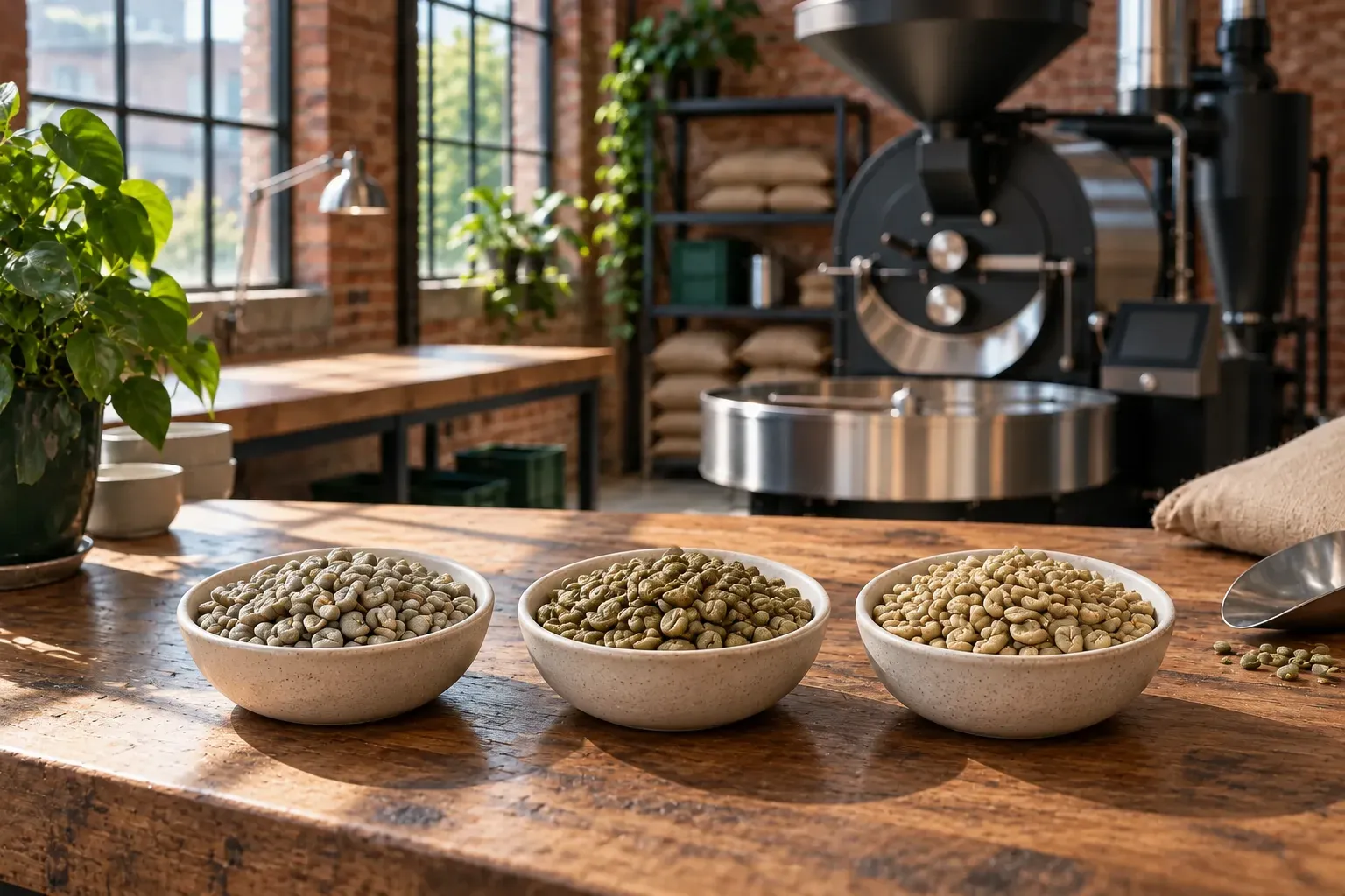 Three plain dishes hold green coffee samples with subtle colour differences.