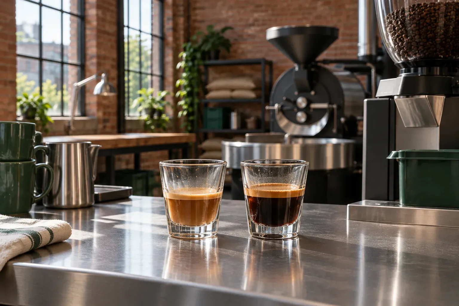 A pale espresso and a dark espresso stand side by side in plain glasses on steel.