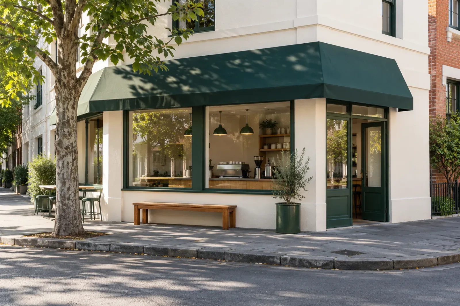 A white-painted corner café with a dark green awning, big windows and a timber bench out front.