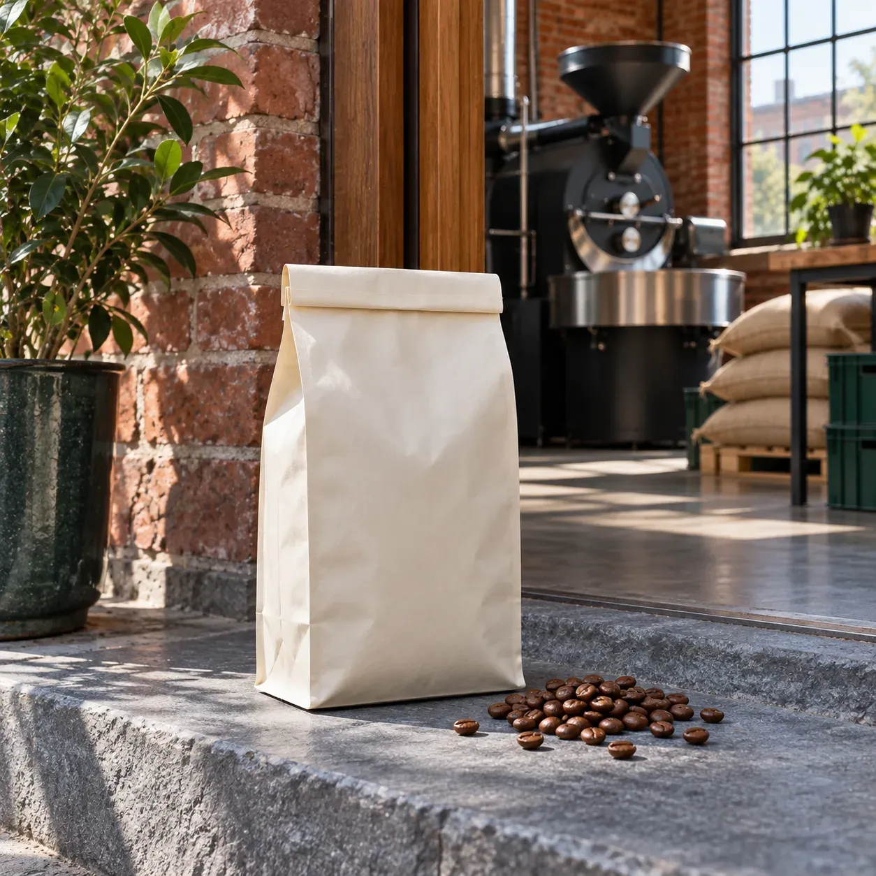 A blank cream coffee bag stands on bluestone beside roasted beans.