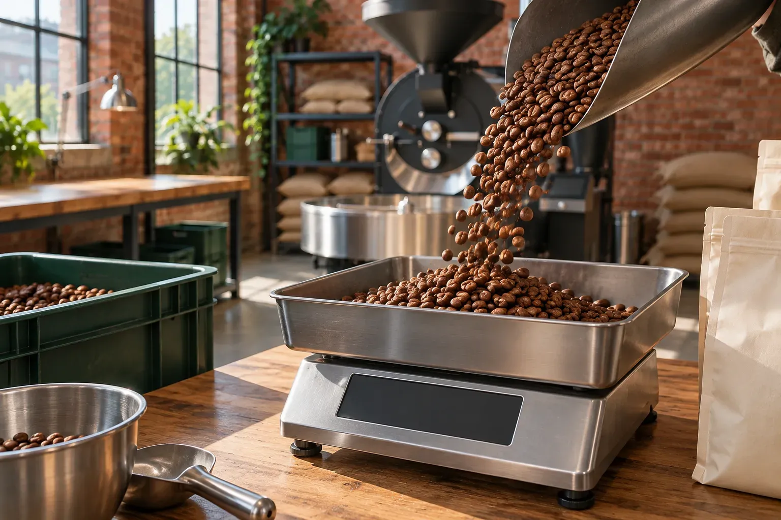 Roasted beans fall from a scoop into a steel scale tray.
