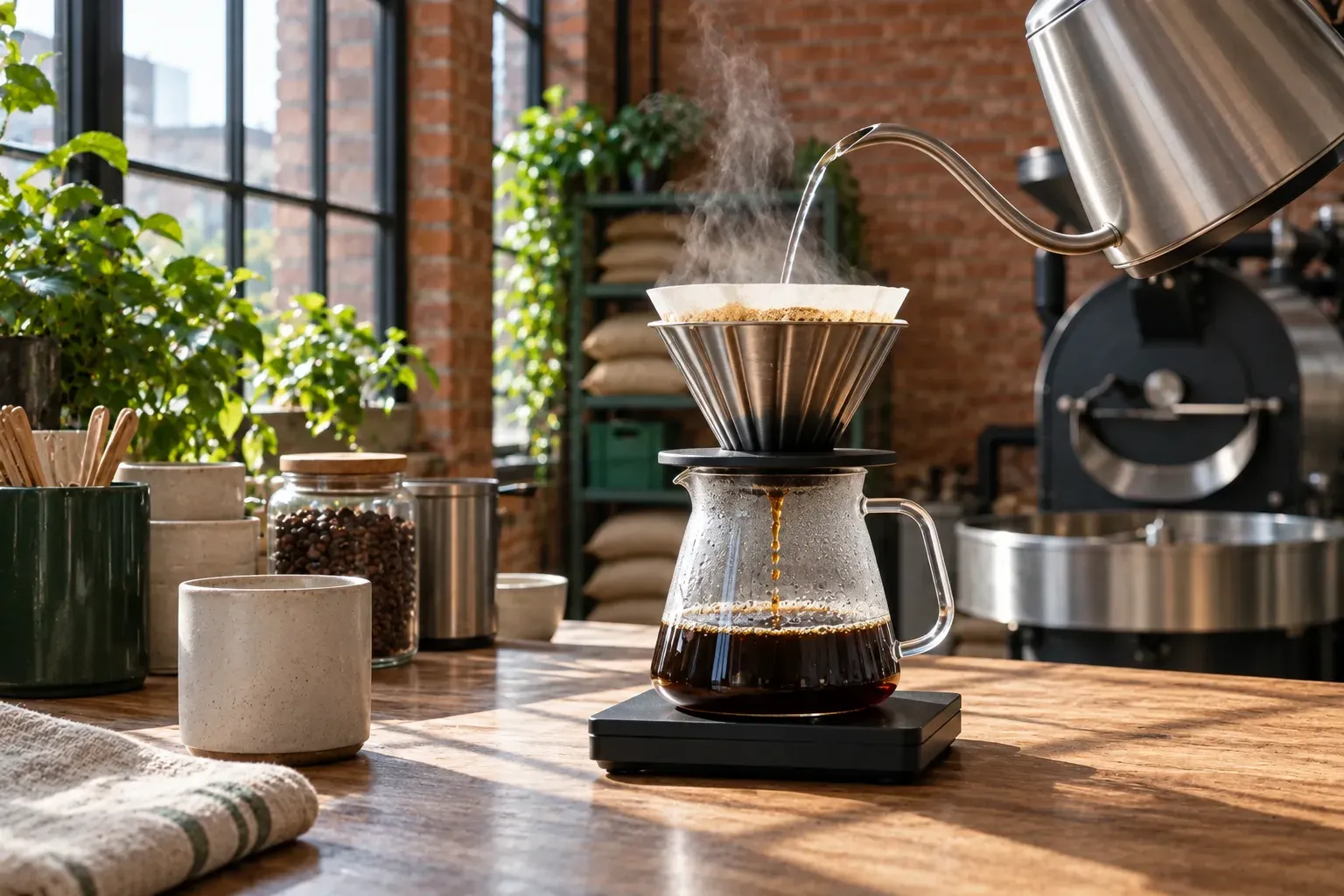 Filter coffee drips into a glass server on a timber bench.
