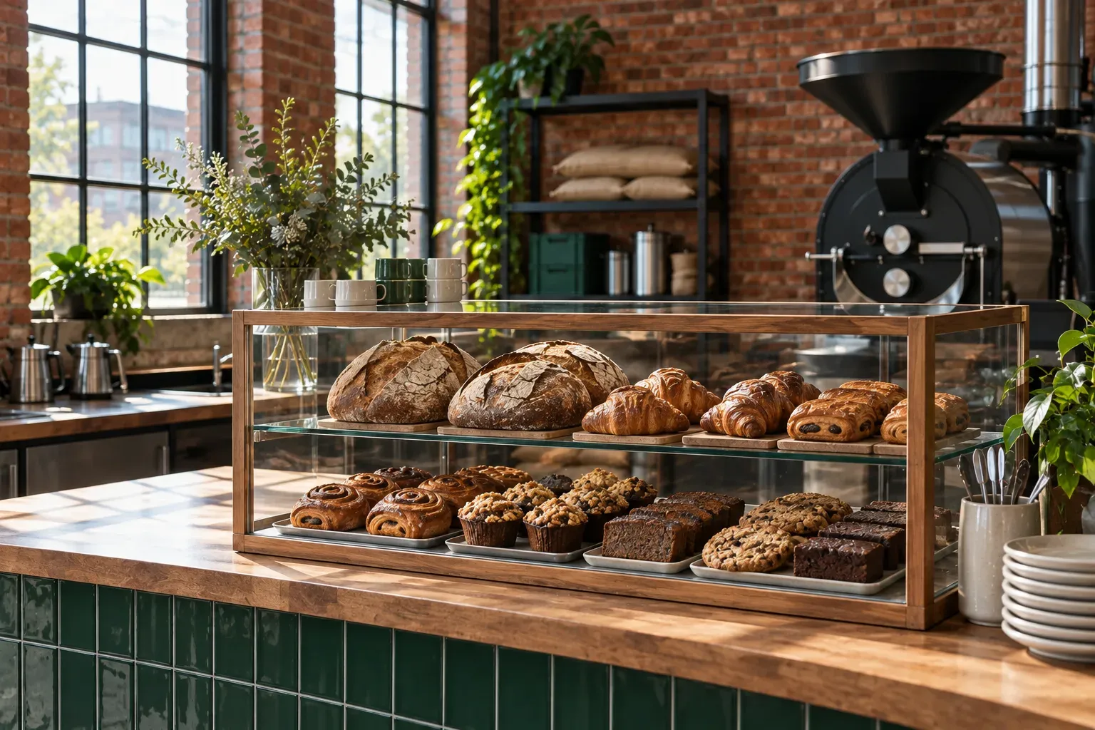 A glass bakery cabinet holds plain pastries and loaves against a brick backdrop.