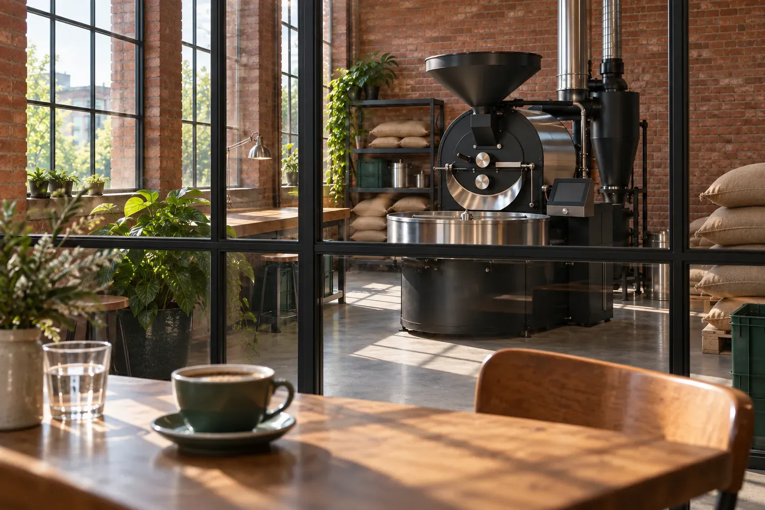 A cafe table faces a drum roaster through a steel-framed glass partition.