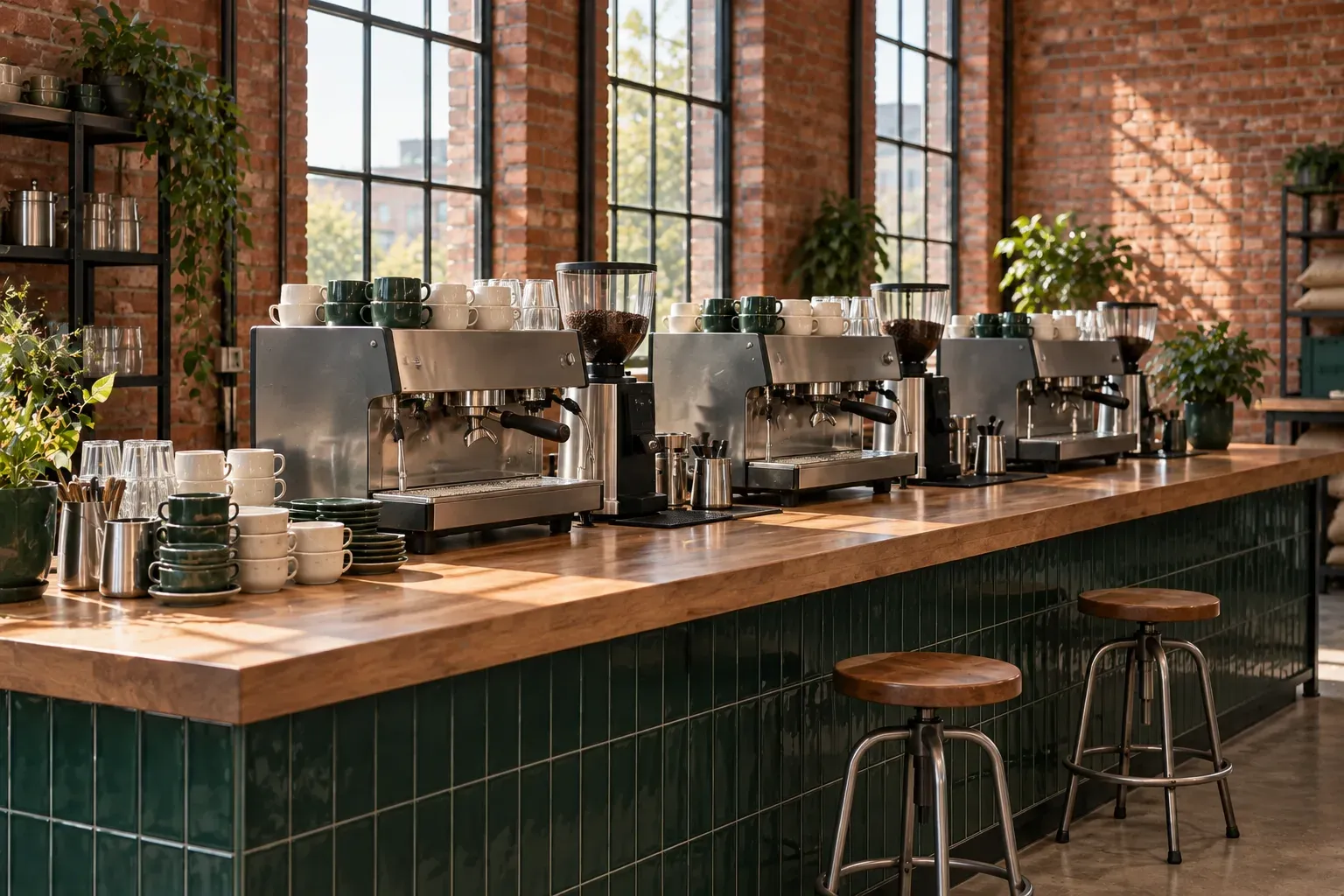 Three espresso machines and stacked cups are ready on an empty training bar.