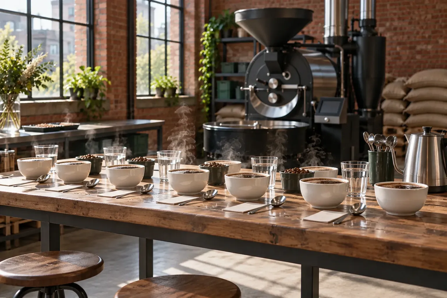 Rows of white coffee bowls and spoons are arranged on a cupping table.