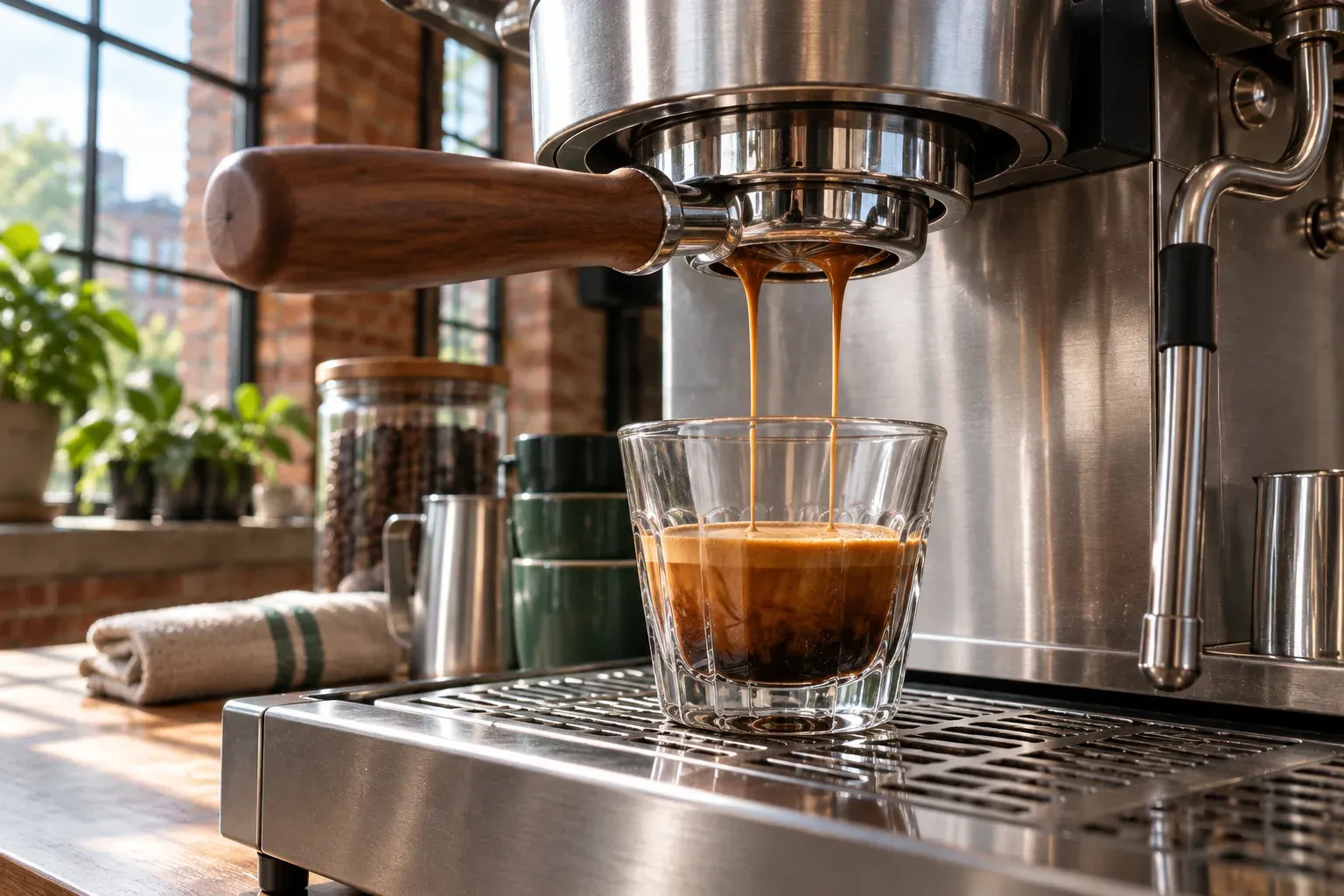 Espresso flows from a bottomless portafilter into a plain glass.