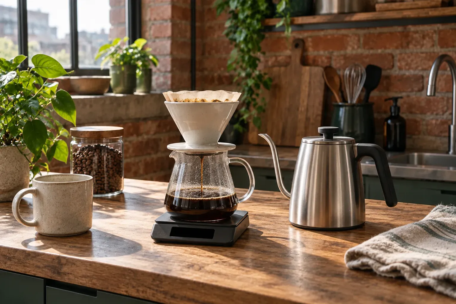 A kettle rests beside a pour-over dripper and glass server on a kitchen bench.