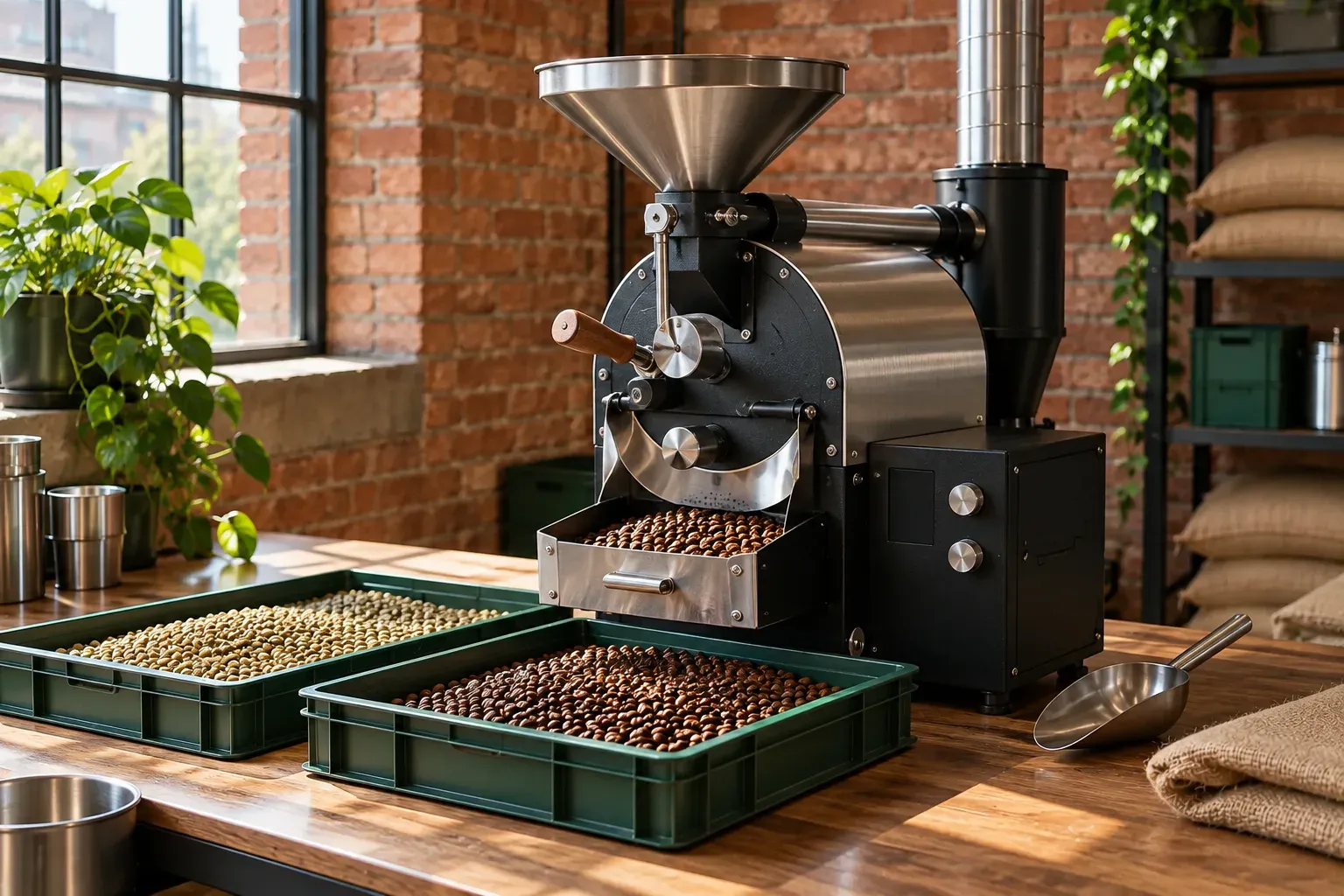 A small sample roaster stands behind trays of green and roasted coffee beans.