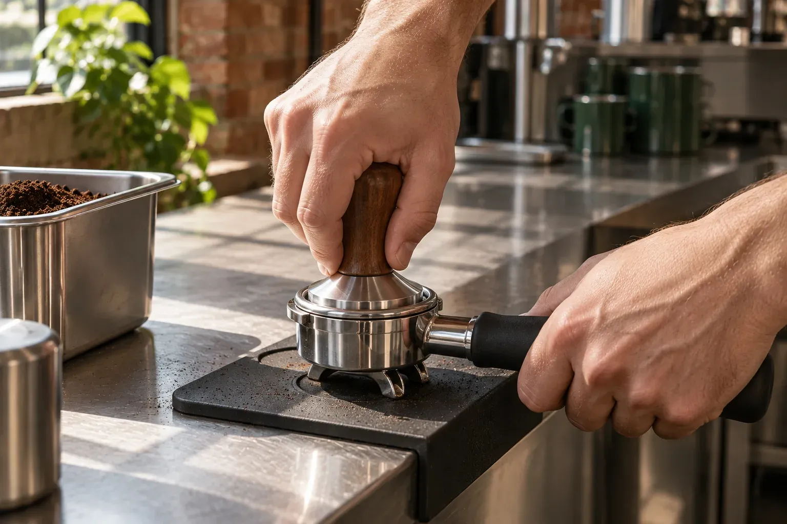 Anonymous hands tamp coffee in a portafilter supported on a steel bench.