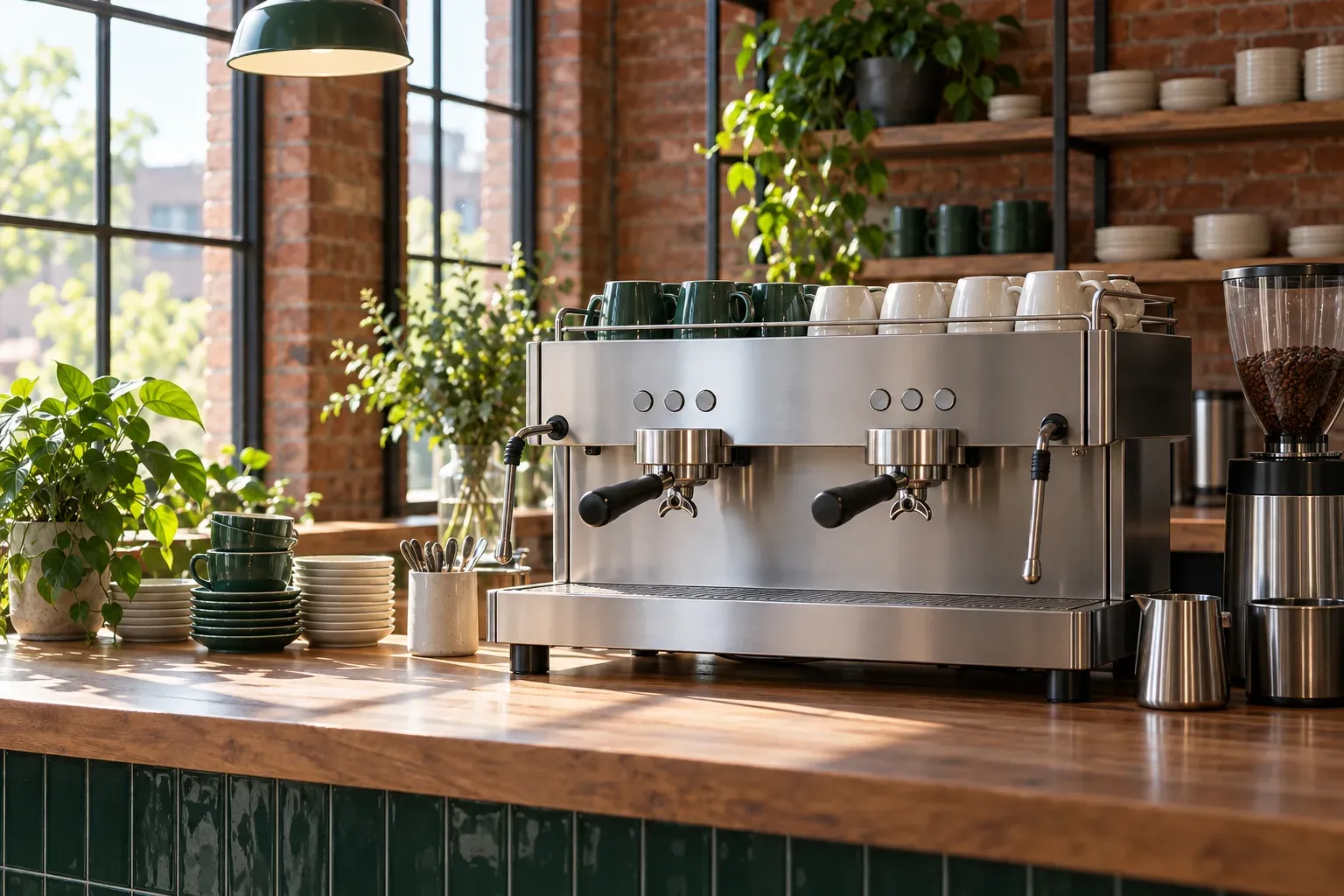 A plain brushed-steel two-group espresso machine stands on a timber cafe bench.