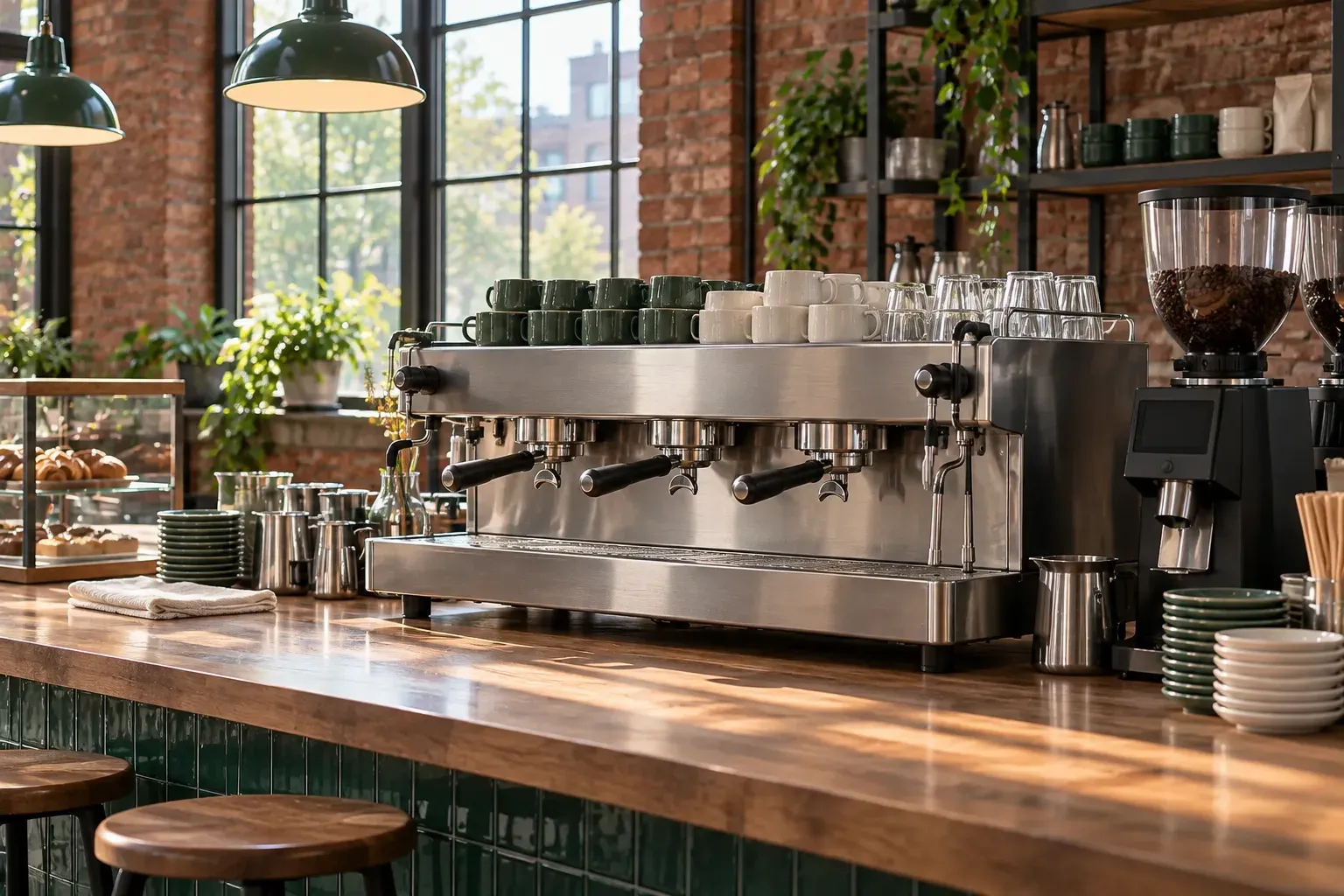 A plain three-group espresso machine stands on a long cafe counter.