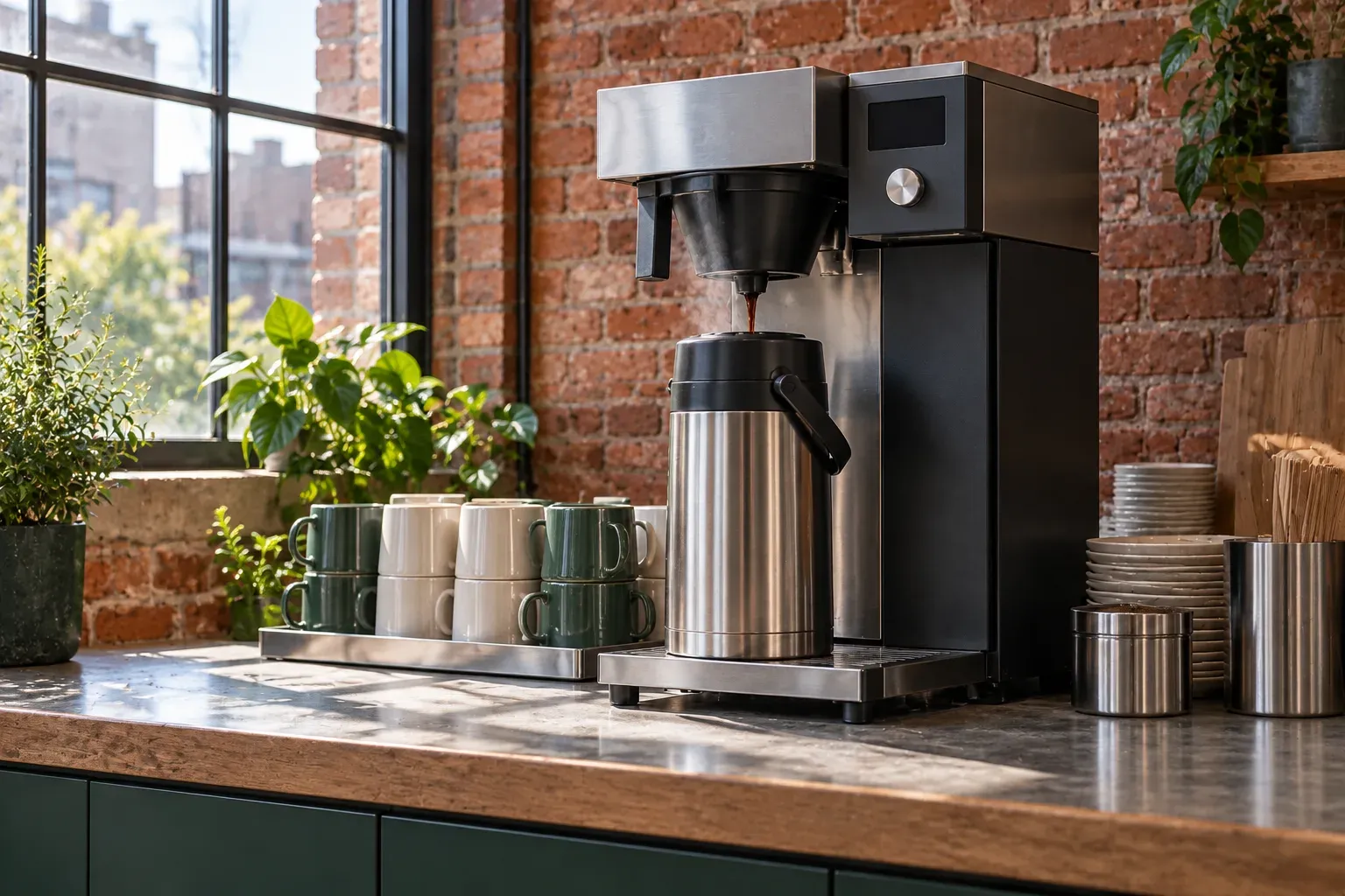 A single-head batch brewer fills a tall insulated server on a pantry bench.