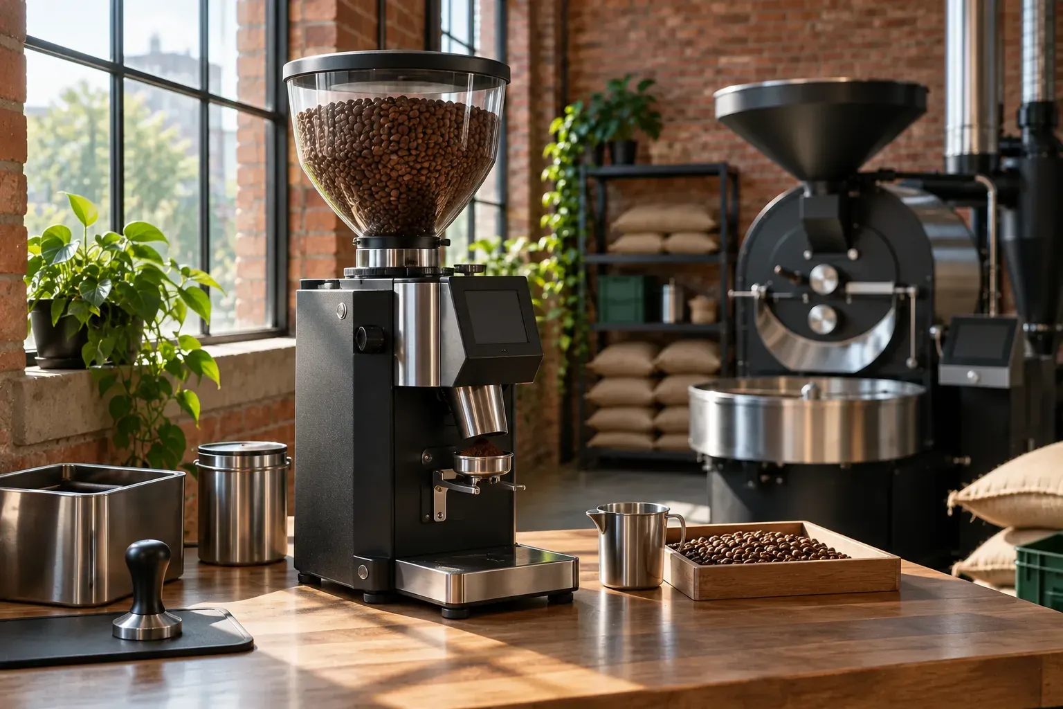 A commercial coffee grinder has a full hopper and blank display.