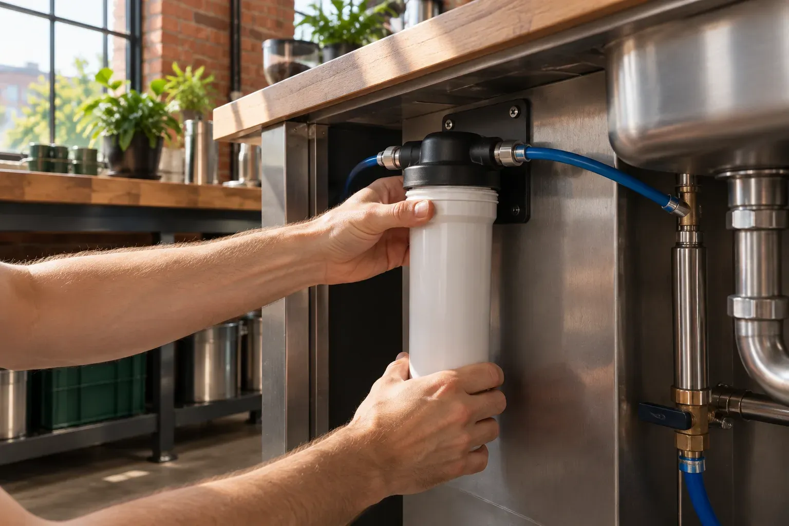 Anonymous hands fit a plain water-filter cartridge beneath a cafe bench.