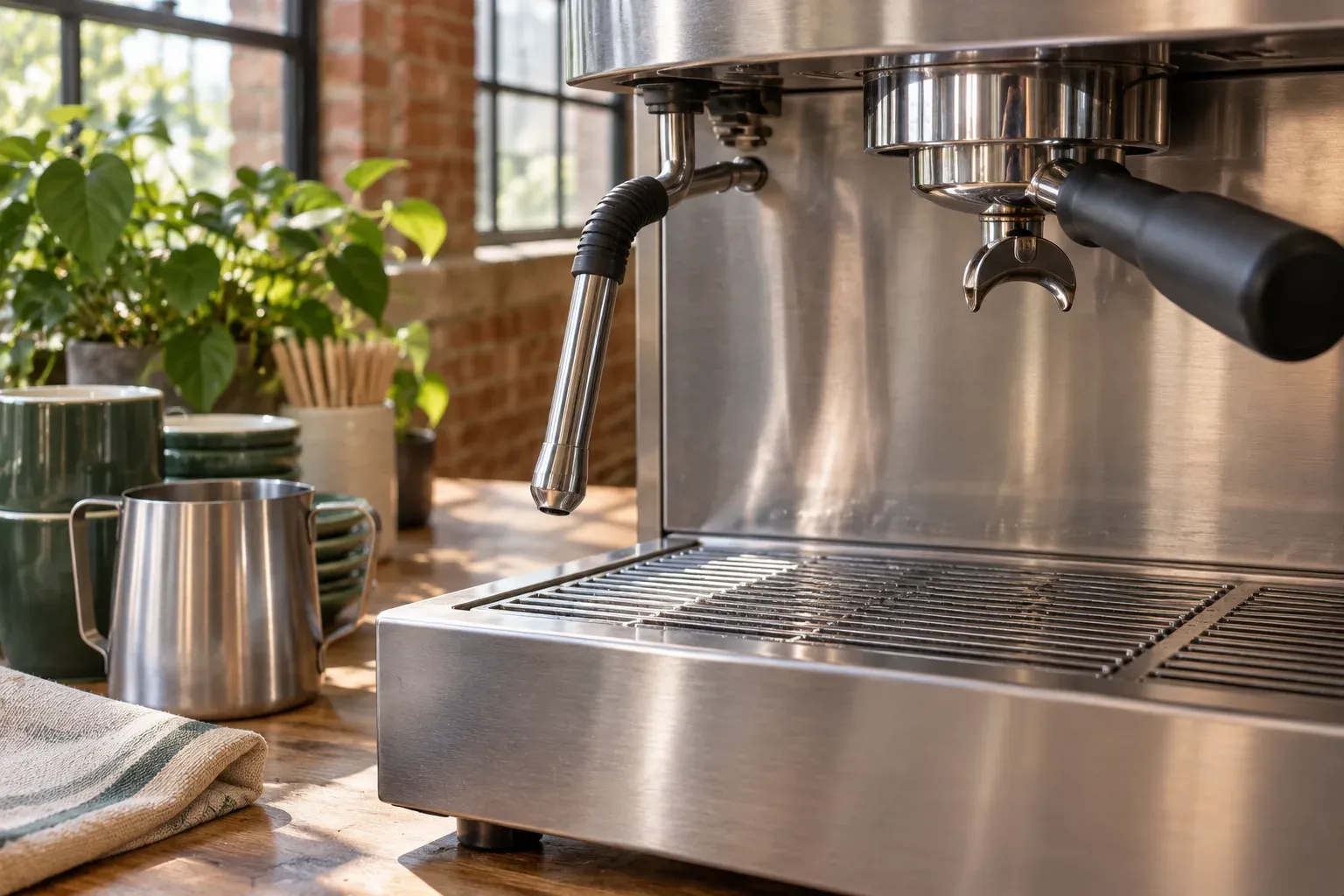 A steam wand hangs above the drip tray of a brushed-steel espresso machine.