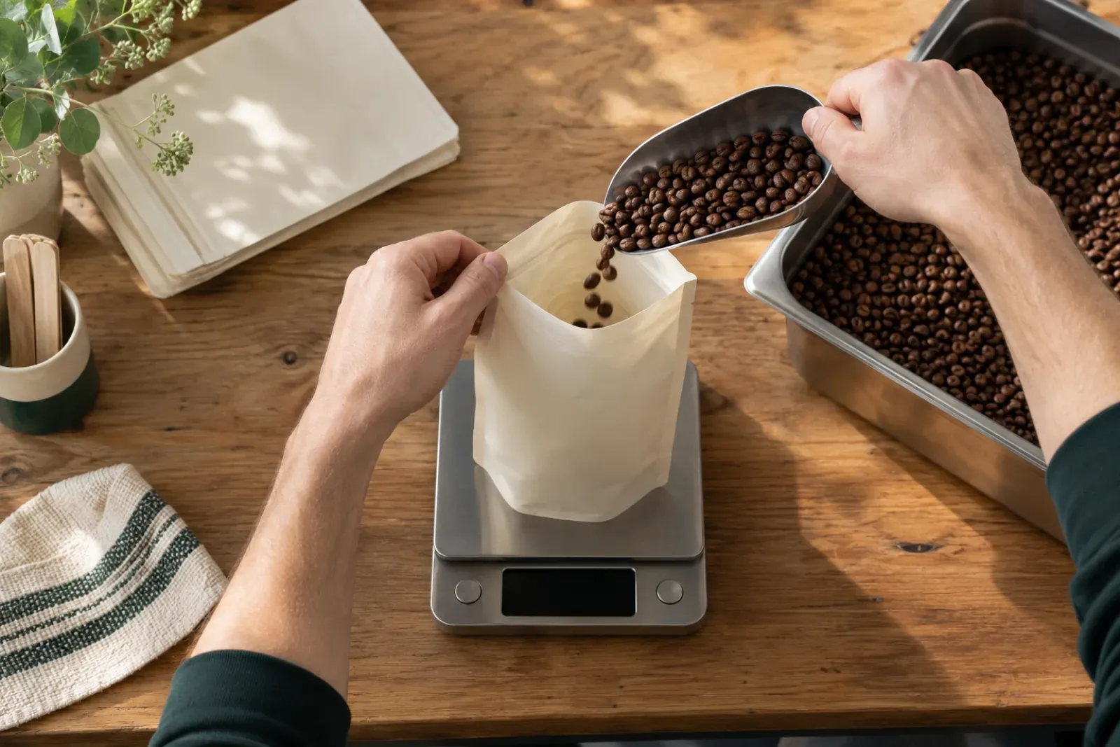 Hands weighing roasted coffee before packing.