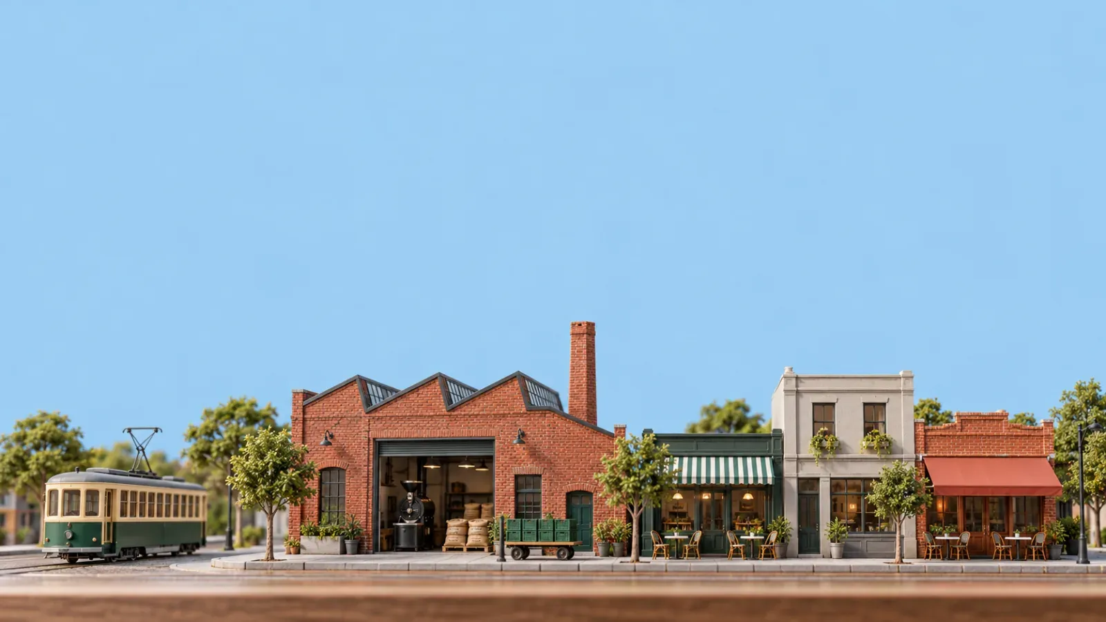 Illustrative miniature street: a tram, a red-brick roastery with crates outside, and a café, an office and a restaurant.