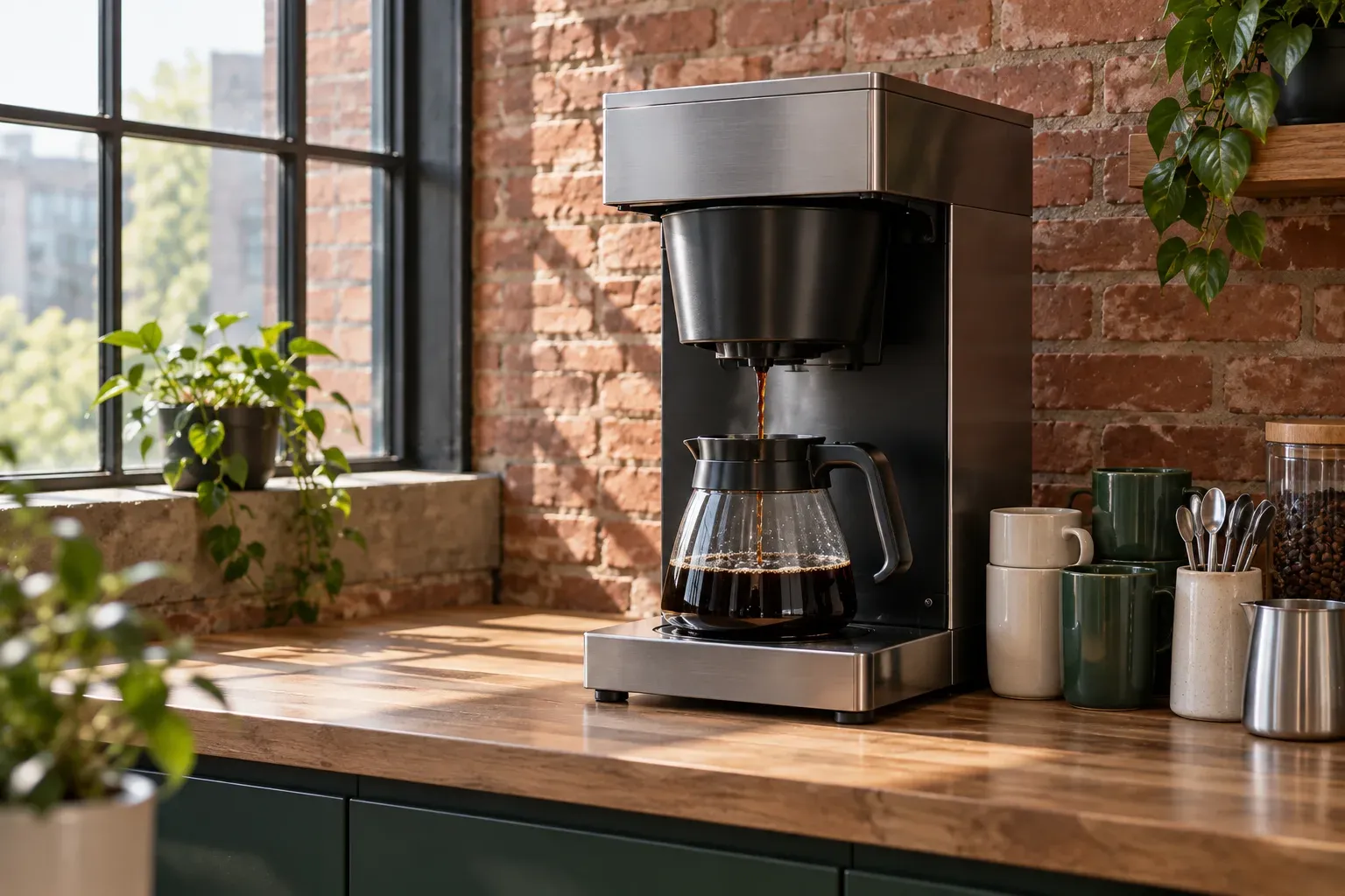 An unmarked batch brewer pours coffee into a glass carafe on a kitchen bench.