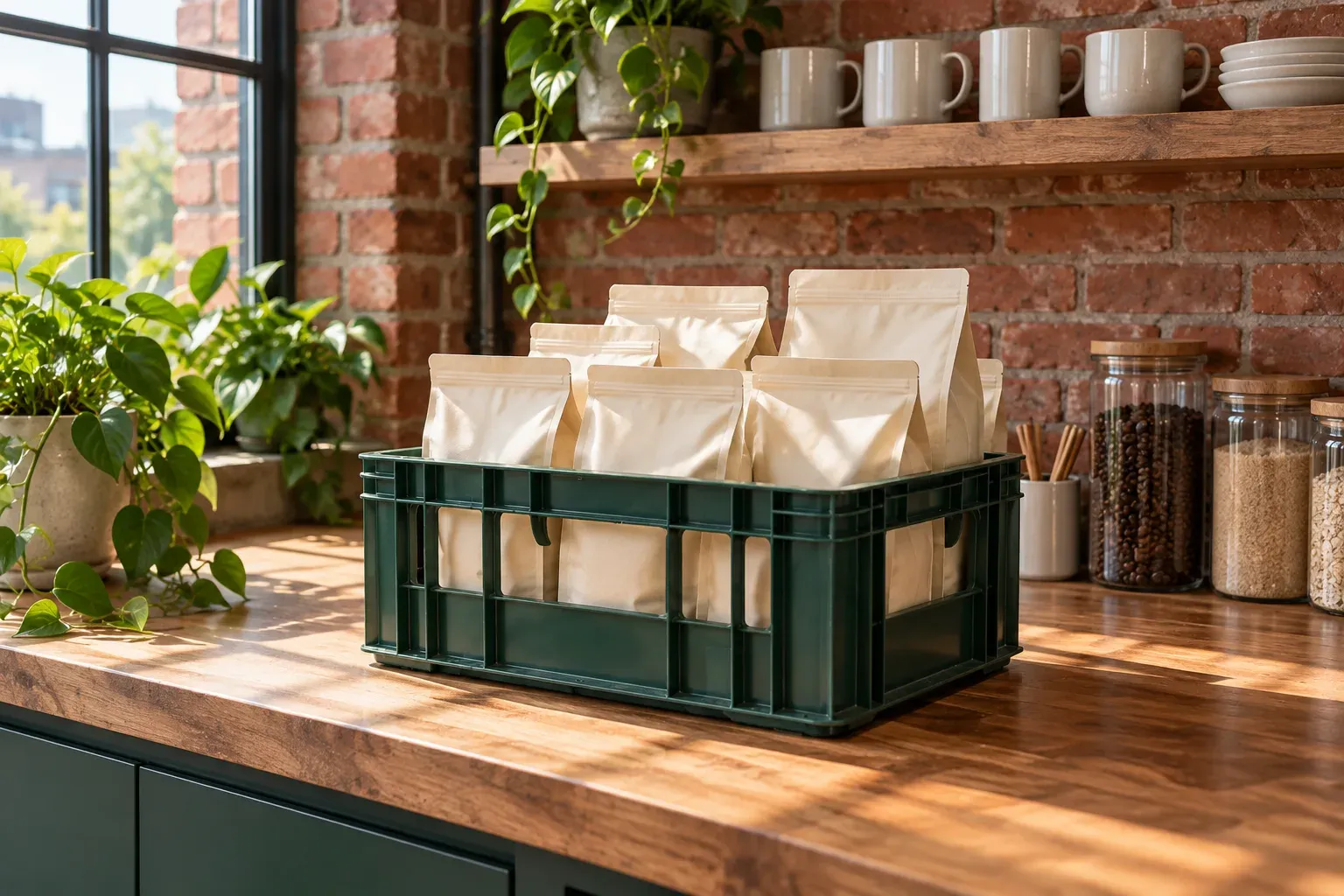 A bottle-green crate of blank cream coffee bags rests on a pantry bench.