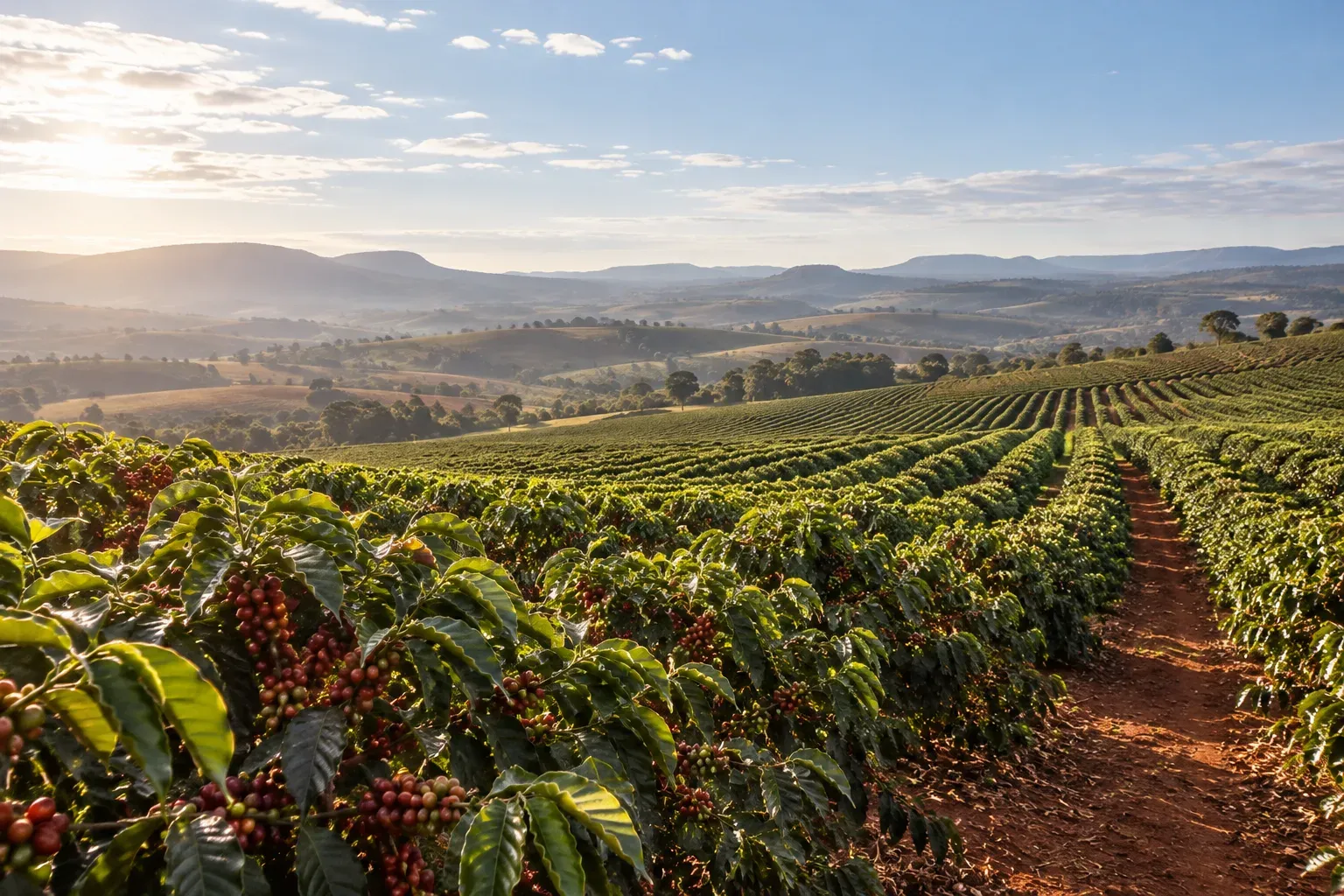 Even coffee rows cross red earth on a gently rolling plateau.