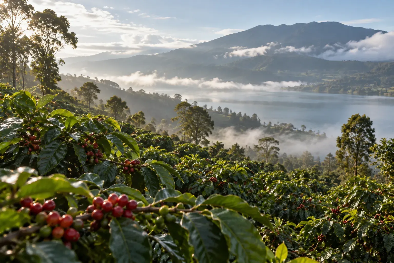 Coffee gardens overlook a misty highland lake.