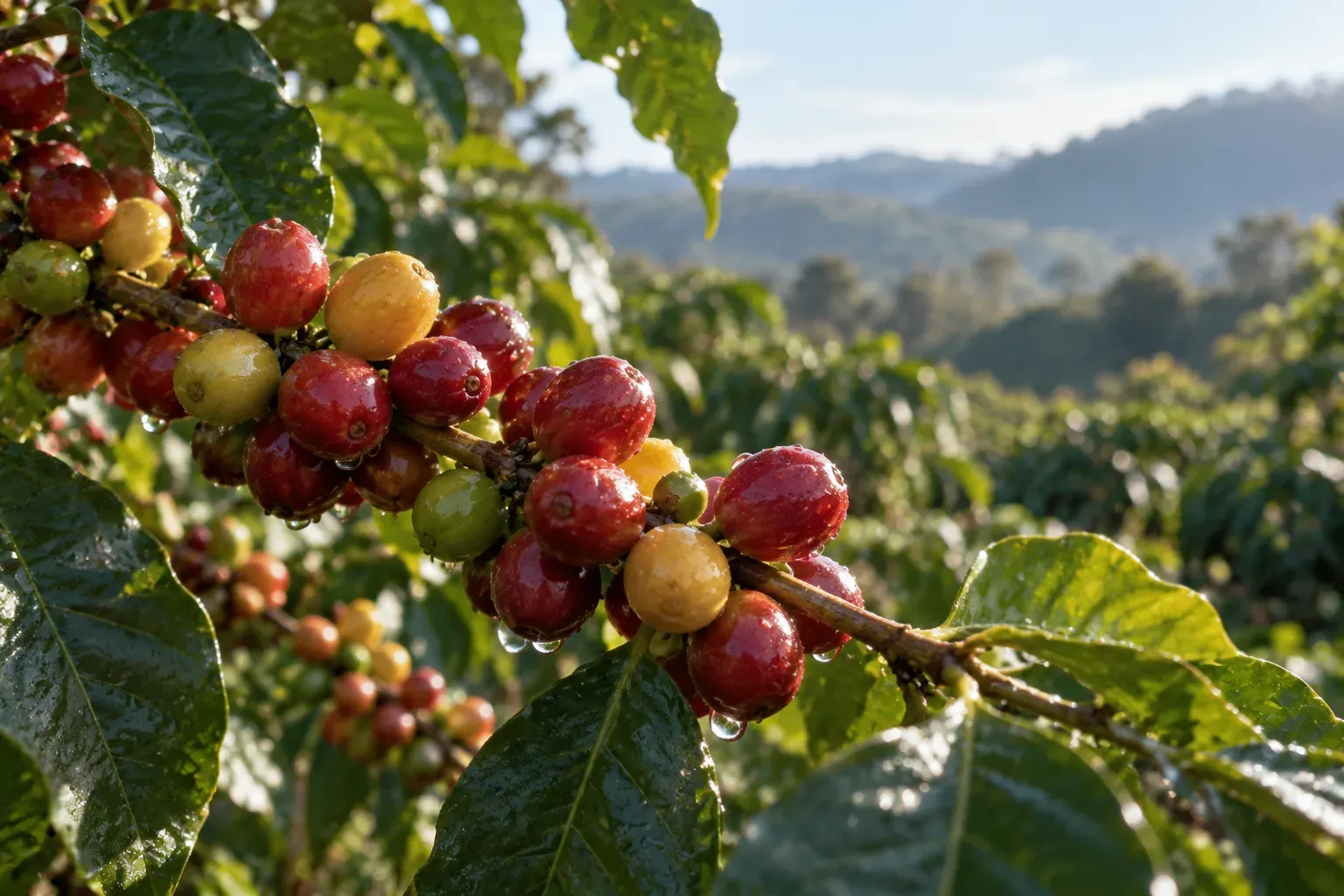 Dew clings to red and yellow coffee cherries on a branch.