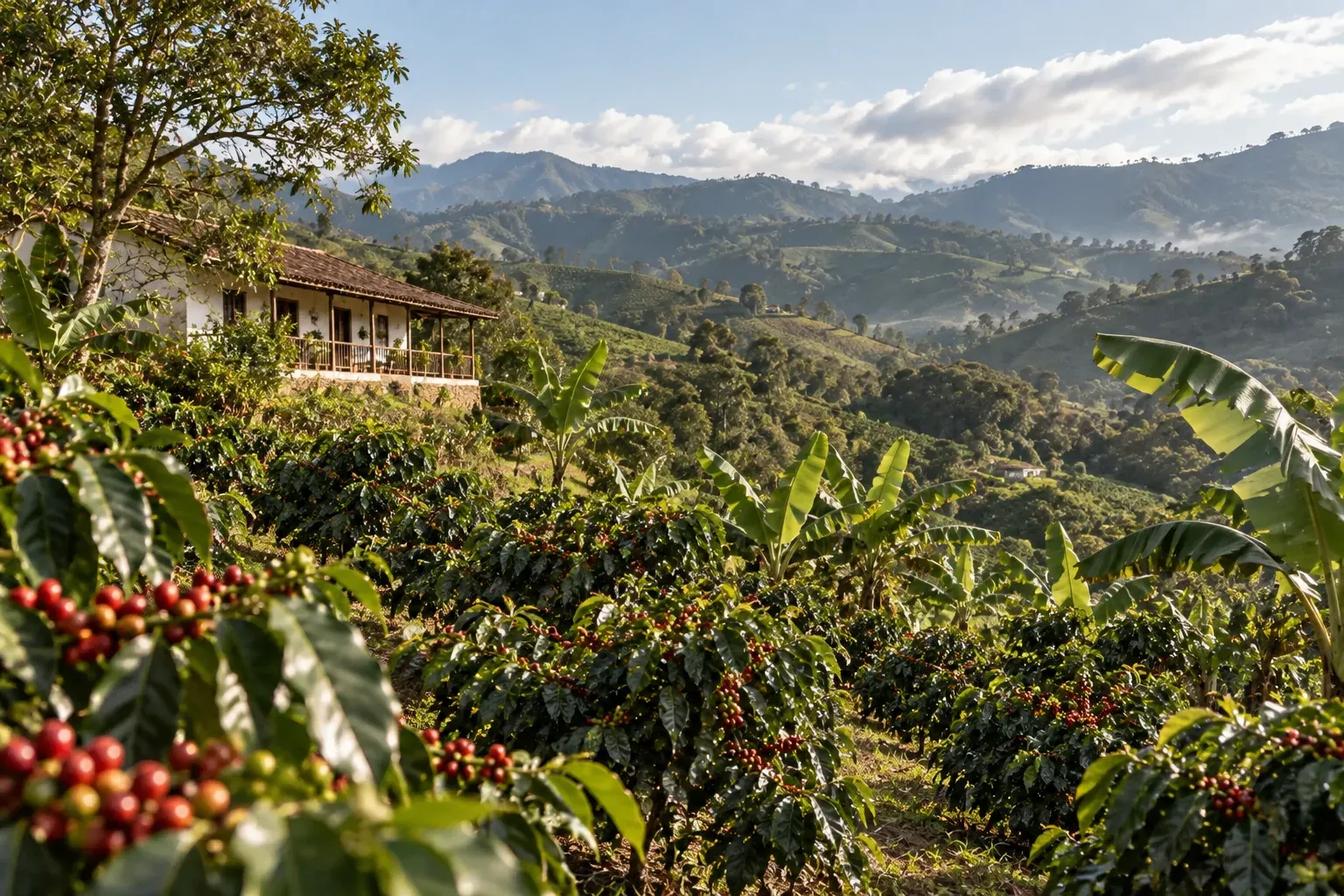 Coffee and plantain rows surround a farmhouse on green ridges.