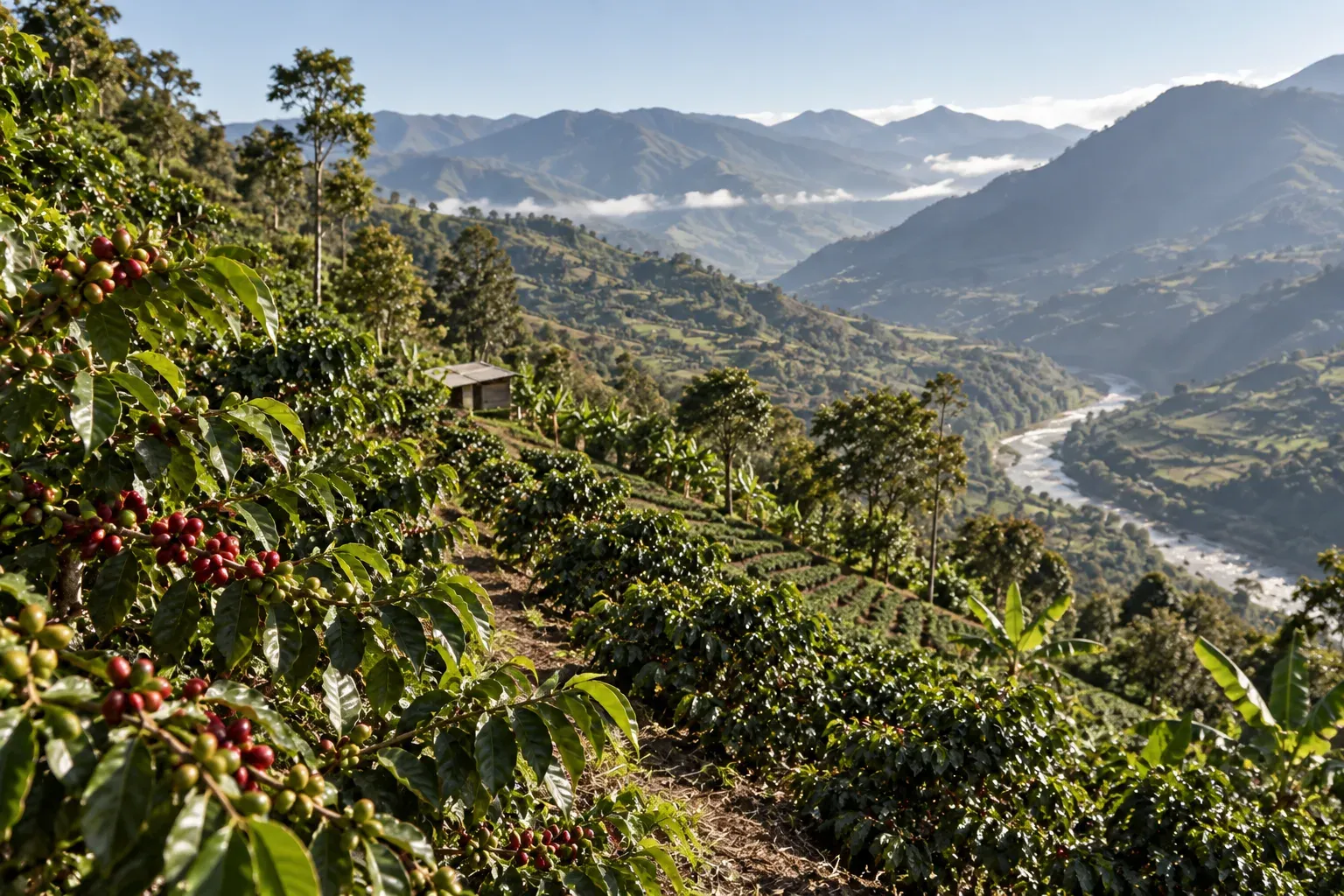 Small coffee plots overlook an Andean river valley.