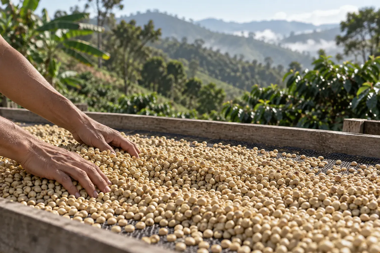 Anonymous hands turn pale parchment coffee on a raised drying bed.