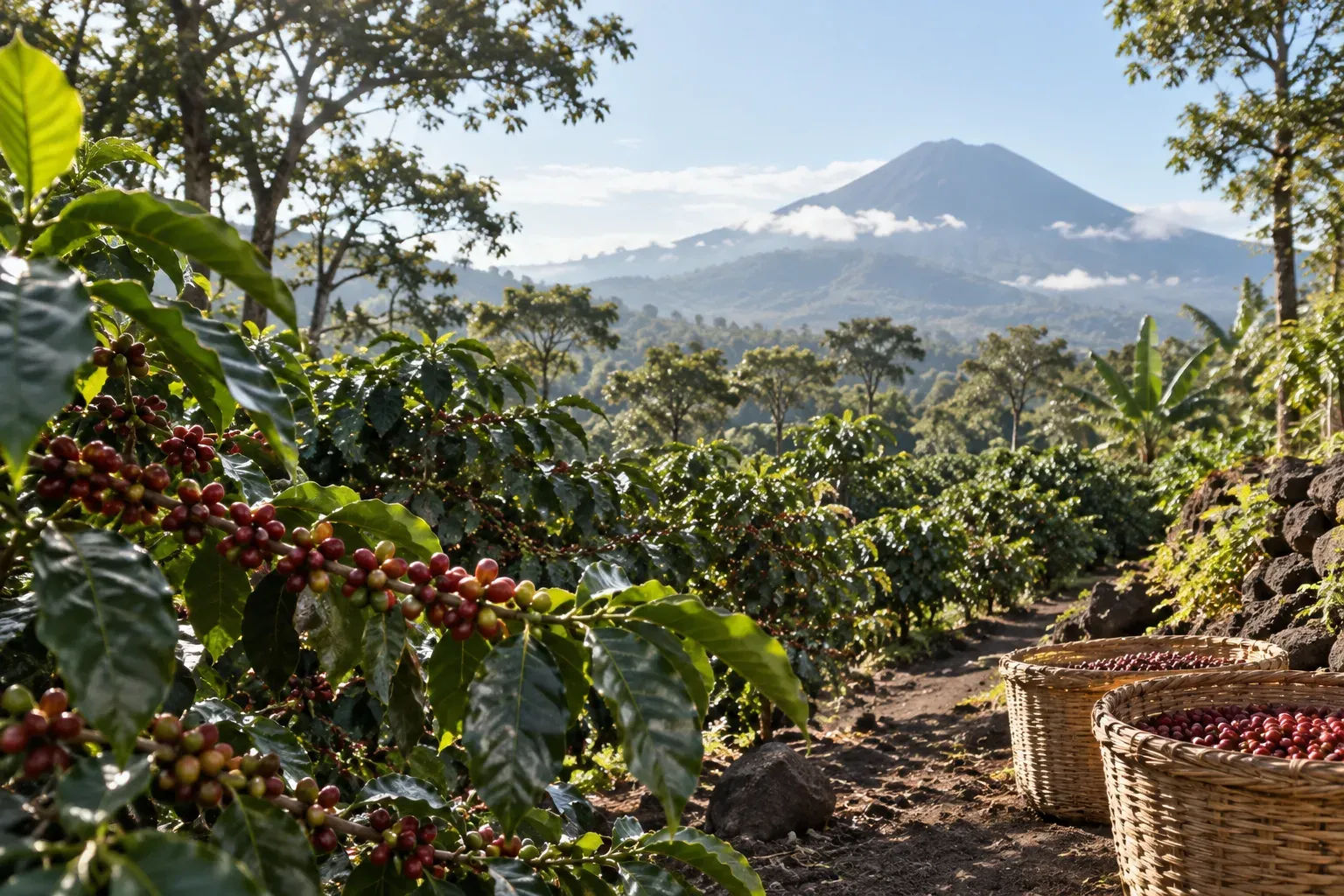 Shade-grown coffee fills a volcanic slope beneath a distant cone.