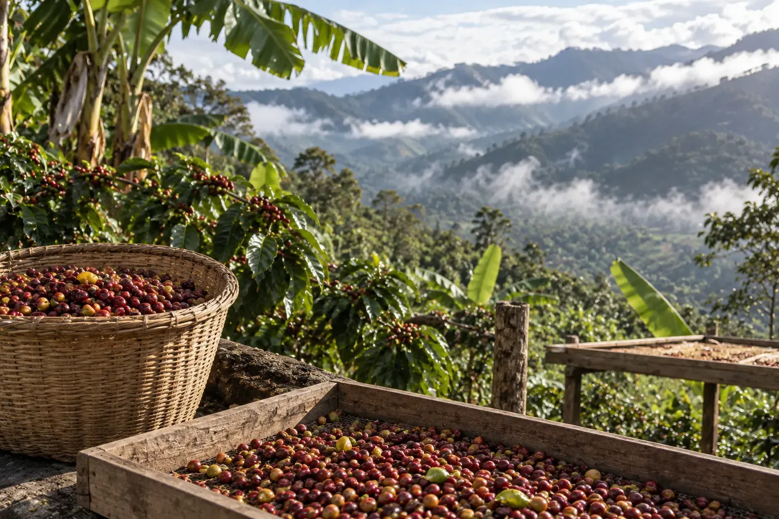 Coffee and banana plants grow on a ridge above soft cloud.