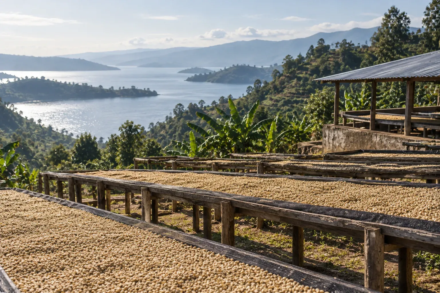 Coffee drying beds on terraced hills overlook glinting lake water.