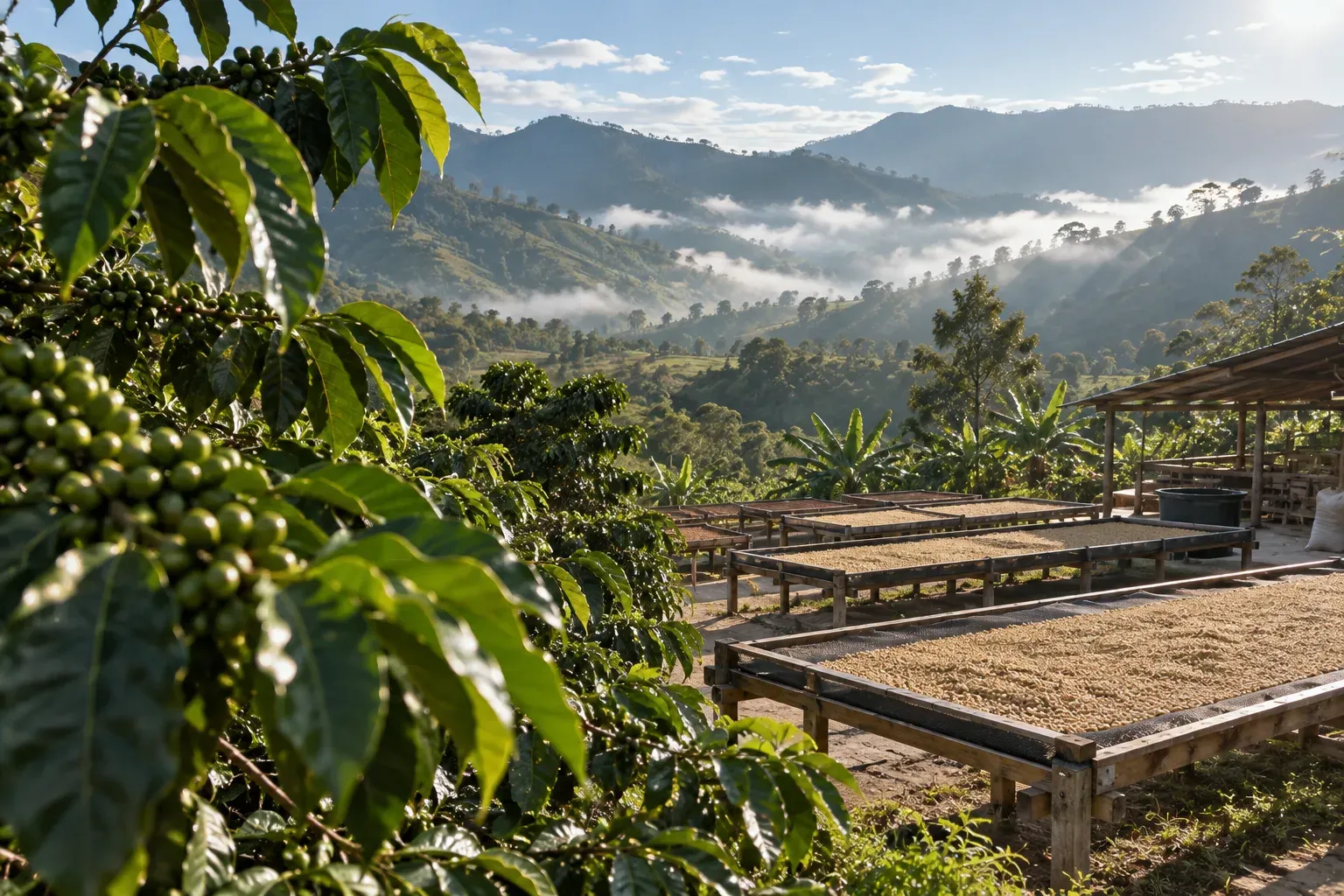 Raised coffee drying beds overlook steep green slopes in morning mist.