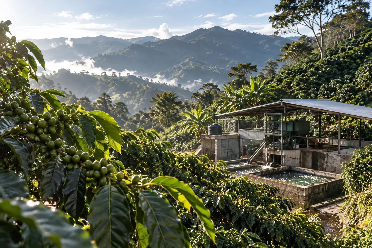 A small wet mill sits below dense coffee plants on a steep slope.