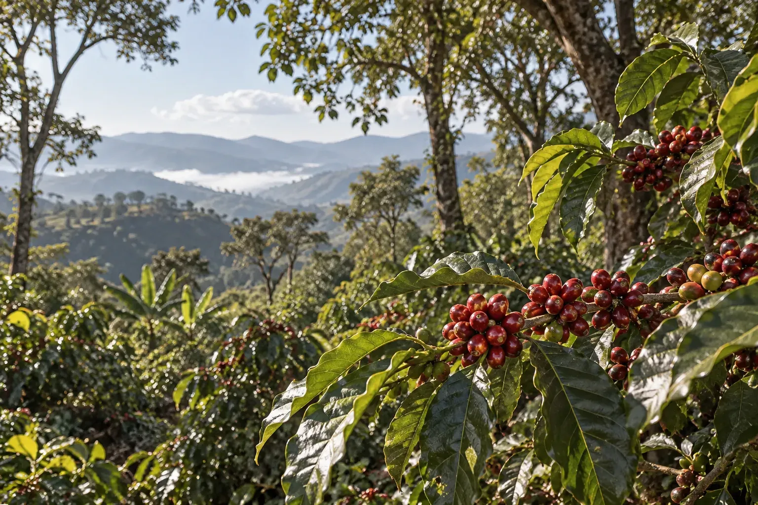 Red coffee cherries grow beneath shade trees in a highland landscape.