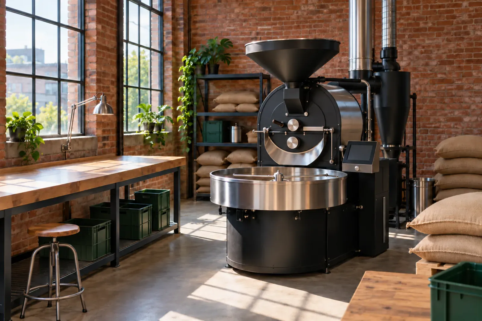 Roaster and packing bench in an illustrative Collingwood warehouse.