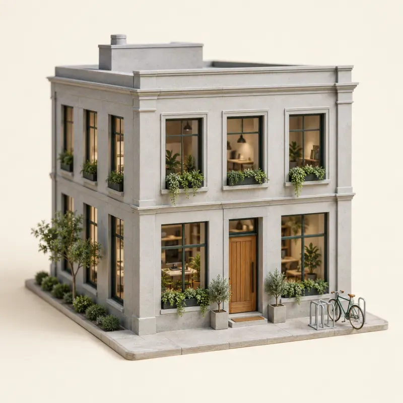Illustrative miniature of a stone office building with window boxes.